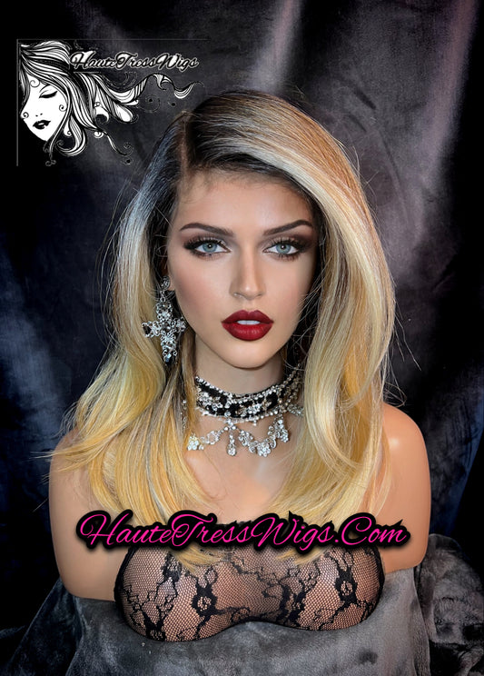 Agnieska - Money Piece, Balayage, Ombre, Dark Root, Blonde, Heat Safe, Face Framing, Realistic, Human Hair Blend, Lace Front Wig