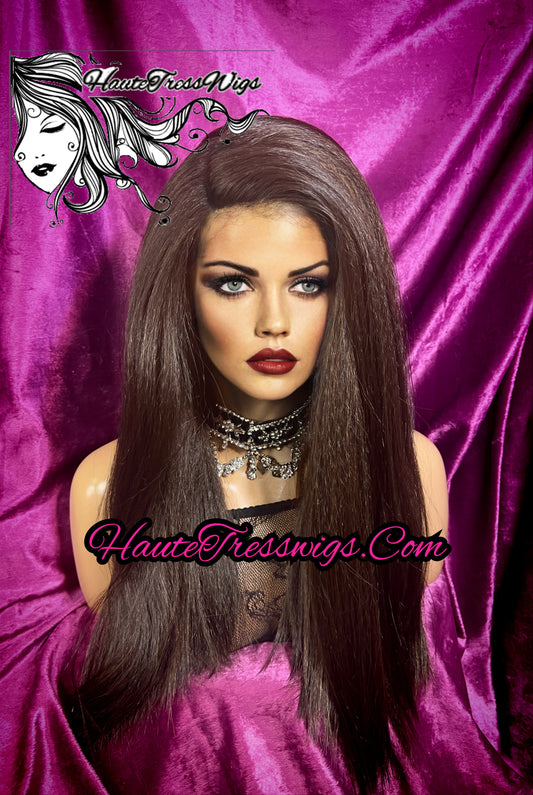 Brown Yaki Lace Front Wig, Honey Highlights, Heat Safe - Viastica