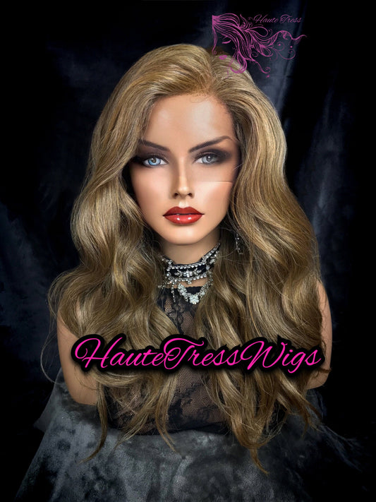 Medium Blonde, Sandstone Blonde, Frosted Blonde, Highlights, Blonde Wavy, Human Hair Blend, Heat Safe, Free Parting, Whole Lace Wig