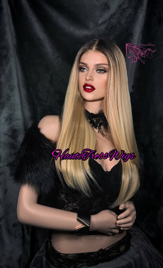 Brown Root, Sleek Blonde, Ombre Blonde, Blonde Mix, Human Hair Blend, Pre-Plucked Hairline, Heat Safe, HD , Transparent Lace, Front Wig