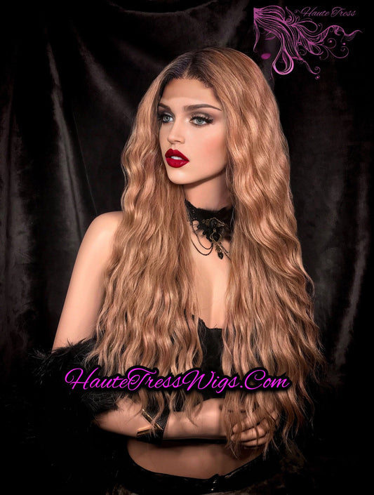 Ash Blonde Gold Rose Mix, Beach Wave, Wavy Rose Gold, Pink, Ash Blonde, Dark Root, Mermaid Wig, Realistic, Human Hair Blend, Lace Front Wig