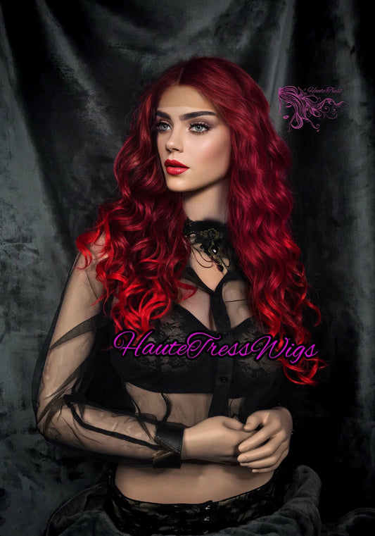 Vibrant Red Ombre Wig, 2 Tone Human Hair Blend, Lace Front Wig, Little Mermaid Wig, Heat Safe wig, Ariel Wig, Wavy Red Lace Wig, Beach Wave