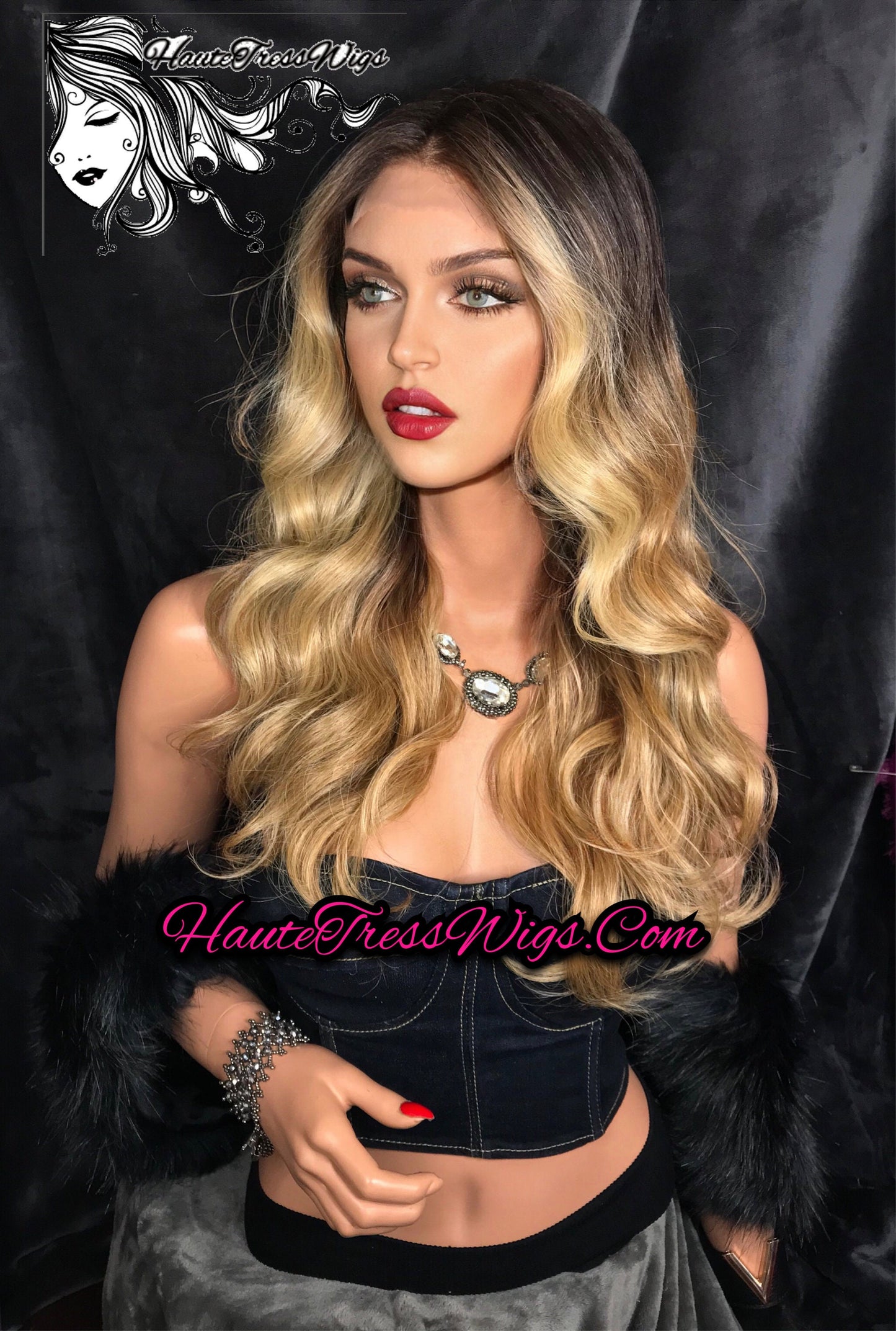 Money Piece Blonde, Face Framing, Balayage, Ombre, Wavy, Retro, Human Hair Blend, HD Transparent Lace, Lace Front Wig - Bubbles