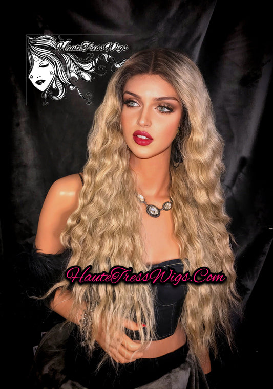 Balayage Blonde, Ash Blonde, Ombre Blonde, Dark Root, Spanish Wave, Beach wave, Wavy, Human Hair Blend, Bombshell Wig,  Lace Front Wig