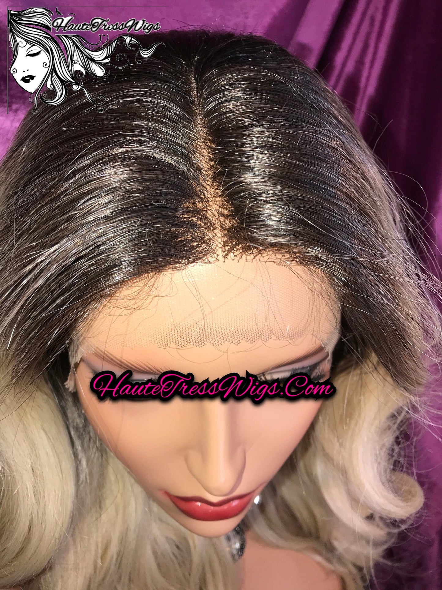 Platinum Blonde, Dark Root, Rooted Blonde, Light Blonde, Ombre, Wavy, Retro, Human Hair Blend, HD Transparent Lace, Lace Front Wig - Fizz
