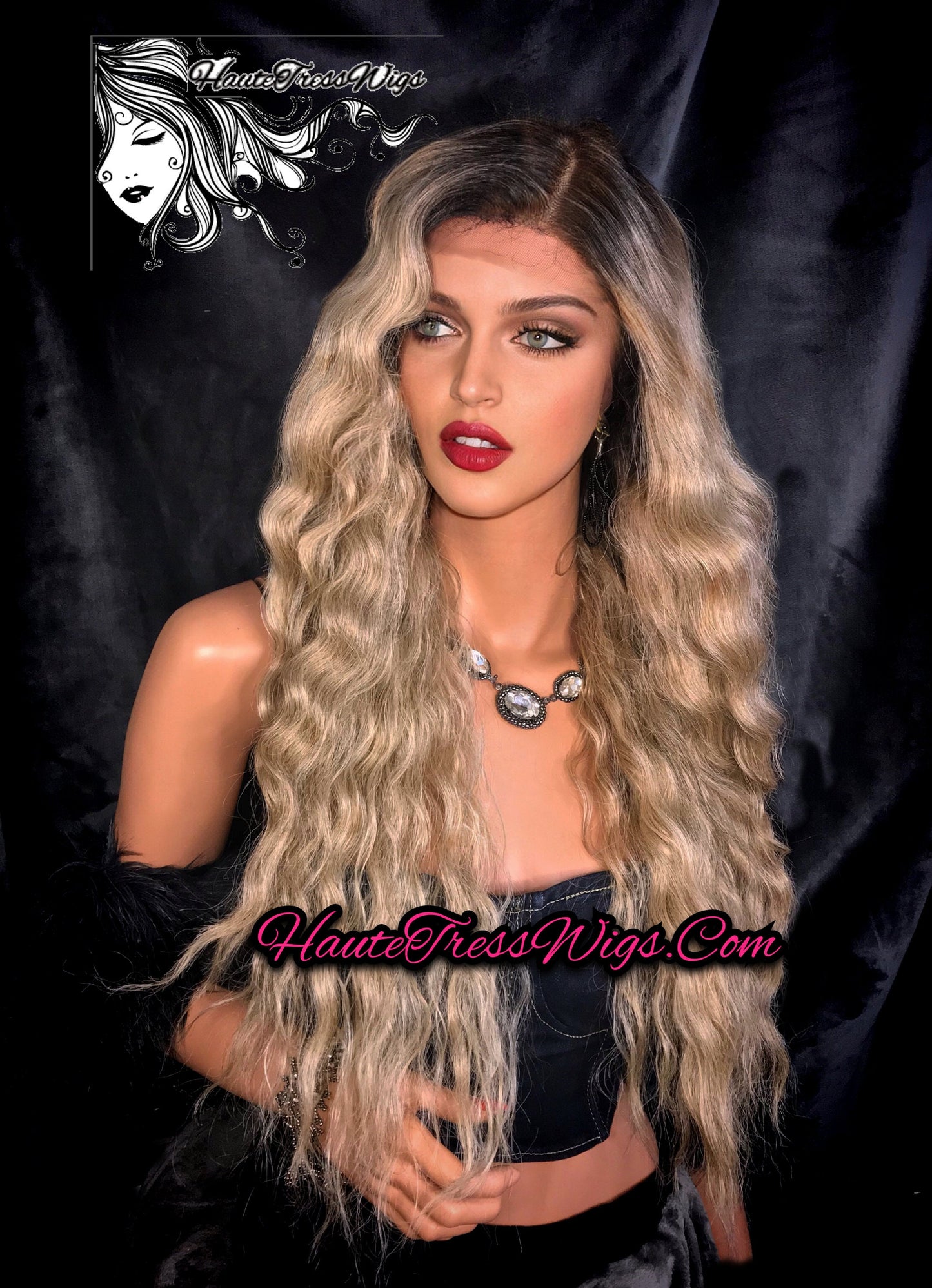 Balayage Blonde, Ash Blonde, Ombre Blonde, Dark Root, Spanish Wave, Beach wave, Wavy, Human Hair Blend, Bombshell Wig, Lace Front Wig