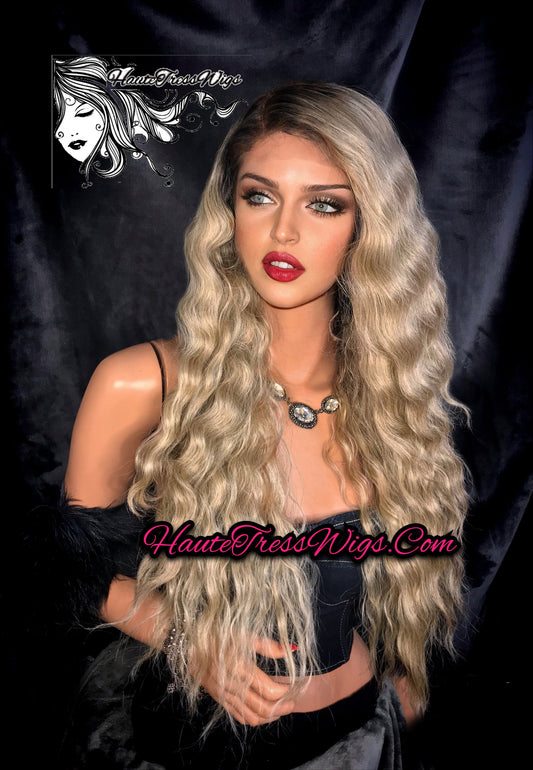 Balayage Blonde, Ash Blonde, Ombre Blonde, Dark Root, Spanish Wave, Beach wave, Wavy, Human Hair Blend, Bombshell Wig, Lace Front Wig