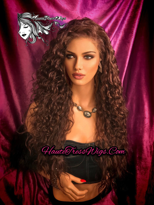 Curly, Wavy, Spanish Wave, Reddish Brown, Dark Auburn, Pre-Plucked Hairline, Free Parting,Human Hair Blend, Bombshell Wig, Lace Front Wig