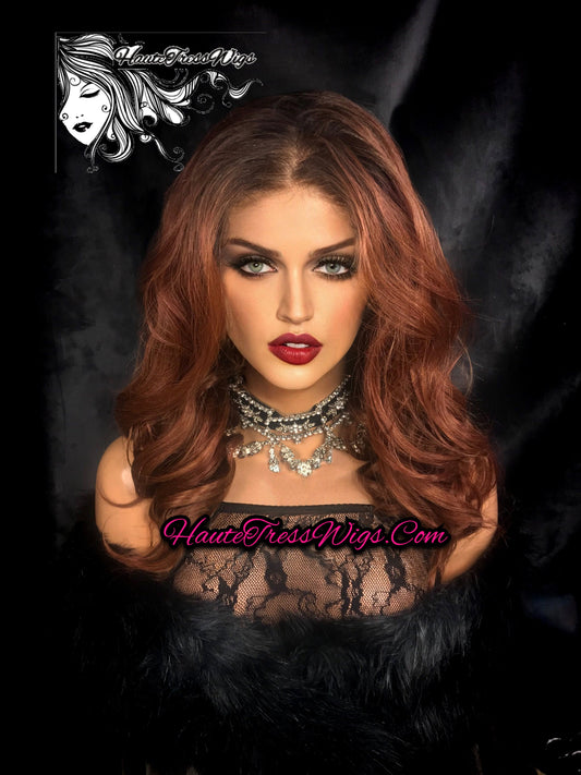 Ombre, Balayage, Auburn, Dark Root, Pre-Plucked Hairline, Bombshell Wig, Transparent HD Lace, Free Parting, Lace Front Wig - Castanutella