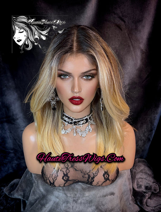 Money Piece, Balayage, Ombre, Dark Root, Blonde, Heat Safe, Face Framing, Realistic, Human Hair Blend, Lace Front Wig, Bombshell Wig