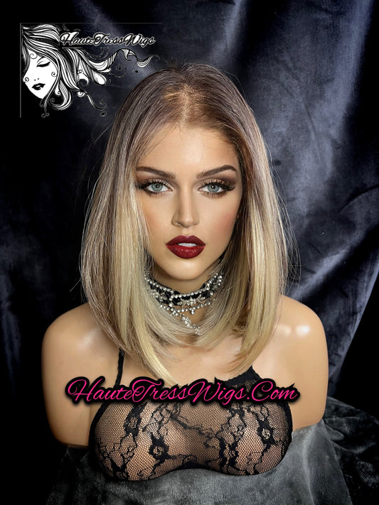 Balayage Blonde, Brown Root, Ombre, HD Lace, Transparent Lace, Pre-Plucked Hairline, Free Parting, Human Hair Blend , Bob, Lace Front Wig