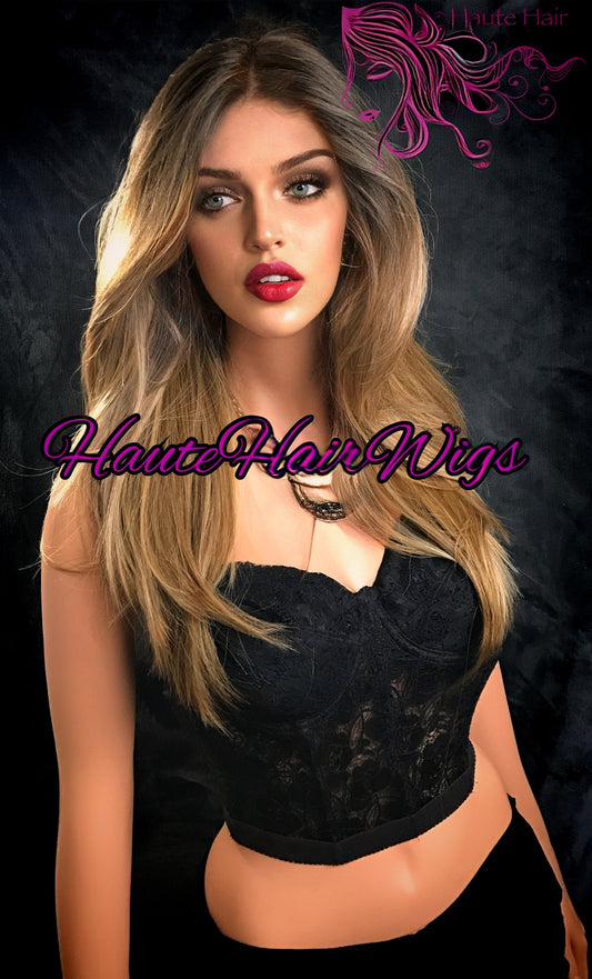 Ombre, Balayage, Golden Ash, Blonde Mix, Human Hair Blend, Bombshell Wig, Realistic Wig, Highlights, Brown root, Lace Front Wig